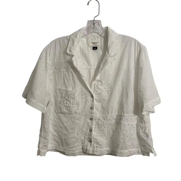 American Eagle White Button-Up Eyelet Shirt Crochet Pocket Spring Summer Large - Picture 2 of 6